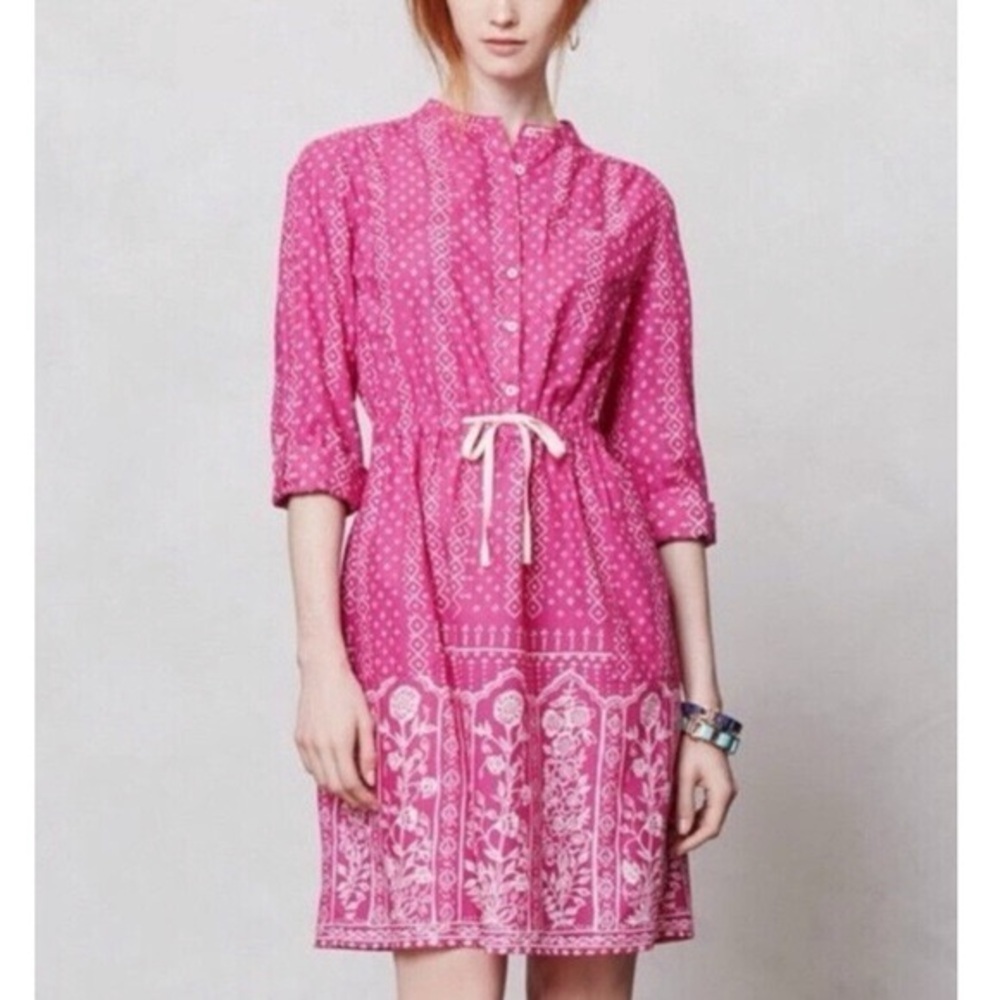 Anthro Meadow Rue Anila Shirtdress Pink and White Mini Dress- Size 2